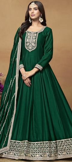 Festive, Reception Green color Salwar Kameez in Art Silk fabric with Anarkali Embroidered, Sequence, Thread, Zari work : 1948239