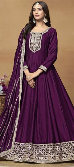 Festive, Reception Purple and Violet color Salwar Kameez in Art Silk fabric with Anarkali Embroidered, Sequence, Thread, Zari work : 1948240
