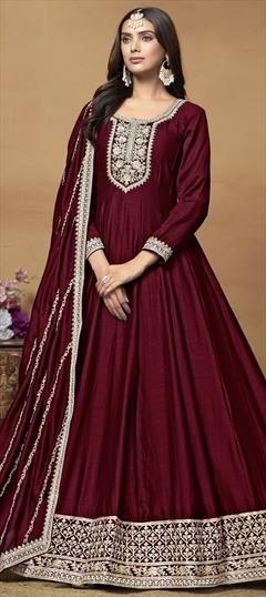 Festive, Reception Red and Maroon color Salwar Kameez in Art Silk fabric with Anarkali Embroidered, Sequence, Thread, Zari work : 1948241