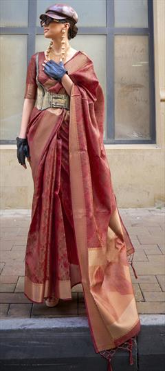 Festive, Traditional Orange color Saree in Organza Silk fabric with Classic Weaving work : 1948372