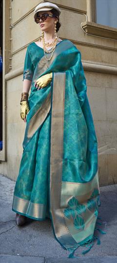 Festive, Traditional Blue color Saree in Organza Silk fabric with Classic Weaving work : 1948376
