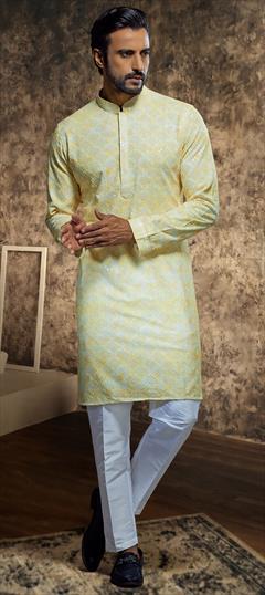 Party Wear Yellow color Kurta Pyjamas in Rayon fabric with Embroidered, Sequence, Thread work : 1948383