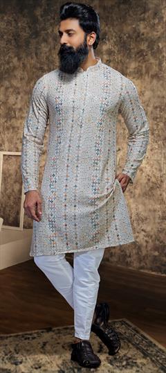 Party Wear White and Off White color Kurta Pyjamas in Rayon fabric with Embroidered, Sequence, Thread work : 1948385