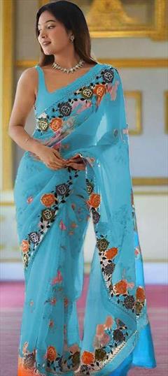 Festive, Reception Blue color Saree in Georgette fabric with Classic Floral, Printed work : 1948395