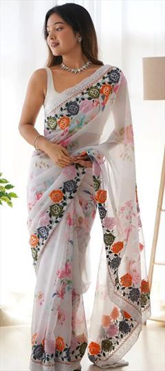 Festive, Reception White and Off White color Saree in Georgette fabric with Classic Floral, Printed work : 1948399