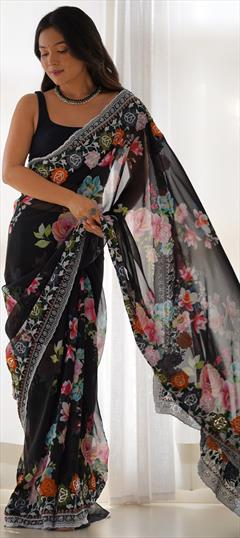Festive, Reception Black and Grey color Saree in Georgette fabric with Classic Floral, Printed work : 1948402
