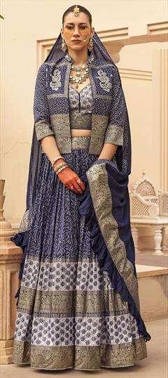 Bridal, Wedding Blue color Ready to Wear Lehenga in Patola Silk fabric with Flared Printed, Weaving work : 1948415