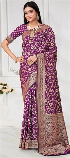 Festive, Traditional Purple and Violet color Saree in Banarasi Silk fabric with South Weaving work : 1948439