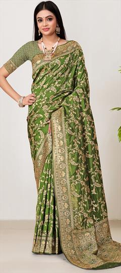 Party Wear, Traditional Green color Saree in Banarasi Silk fabric with South Weaving work : 1948440