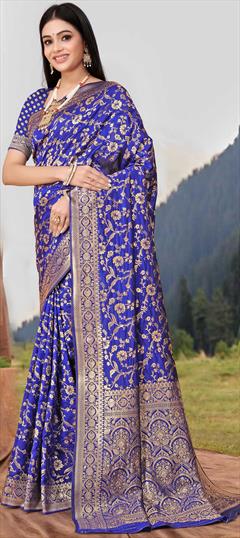 Festive, Traditional Blue color Saree in Banarasi Silk fabric with South Weaving work : 1948441