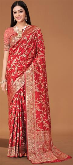 Party Wear, Traditional Red and Maroon color Saree in Banarasi Silk fabric with South Weaving work : 1948442
