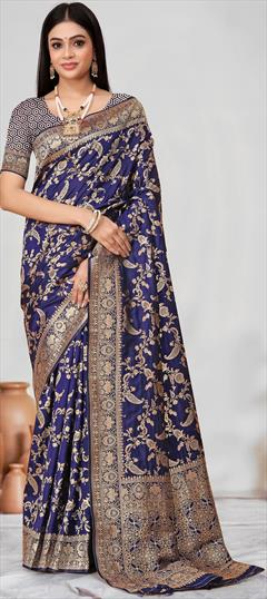 Party Wear, Traditional Blue color Saree in Banarasi Silk fabric with South Weaving work : 1948443