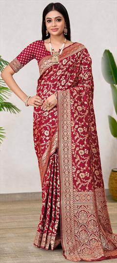 Festive, Traditional Red and Maroon color Saree in Banarasi Silk fabric with South Weaving work : 1948444