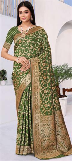 Festive, Traditional Green color Saree in Banarasi Silk fabric with South Weaving work : 1948445