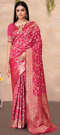 Festive, Traditional Pink and Majenta color Saree in Banarasi Silk fabric with South Weaving work : 1948446