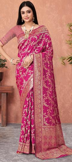 Party Wear, Traditional Pink and Majenta color Saree in Banarasi Silk fabric with South Weaving work : 1948449