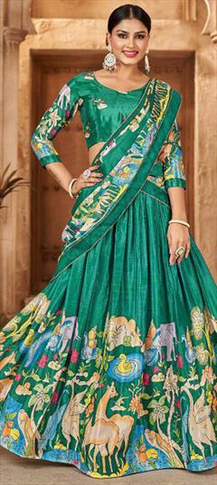 Festive, Reception Green color Lehenga in Art Silk fabric with Flared Lace, Printed work : 1948451