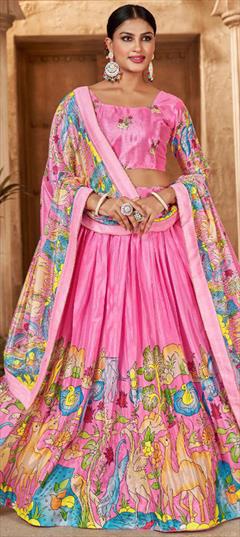 Festive, Reception Pink and Majenta color Lehenga in Art Silk fabric with Flared Lace, Printed work : 1948453