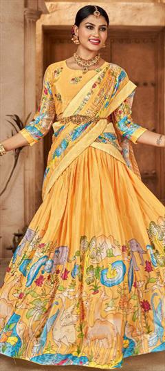 Festive, Reception Yellow color Lehenga in Art Silk fabric with Flared Lace, Printed work : 1948454