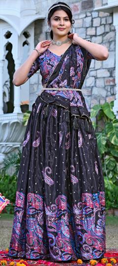 Festive, Traditional Black and Grey color Lehenga in Art Silk fabric with Flared Printed work : 1948456
