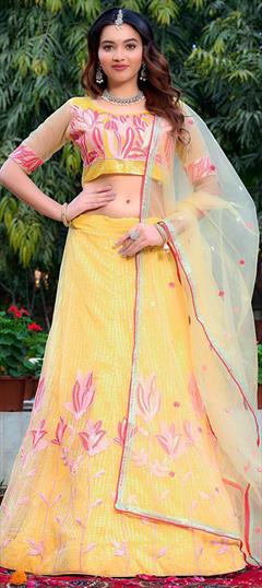 Engagement, Festive, Reception Yellow color Lehenga in Net fabric with A Line Embroidered, Sequence, Thread work : 1948459