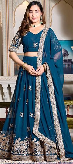 Festive, Party Wear, Reception Blue color Lehenga in Georgette fabric with Flared Embroidered, Thread work : 1948464