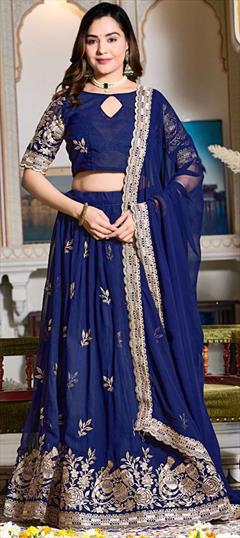 Festive, Party Wear, Reception Blue color Lehenga in Georgette fabric with Flared Embroidered, Thread work : 1948467