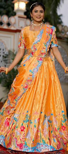 Festive, Mehendi Sangeet, Reception Yellow color Lehenga in Art Silk fabric with Flared Printed work : 1948468