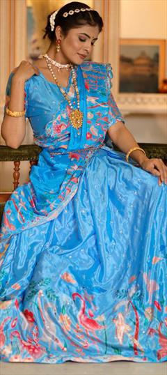 Festive, Mehendi Sangeet, Reception Blue color Lehenga in Art Silk fabric with Flared Printed work : 1948469