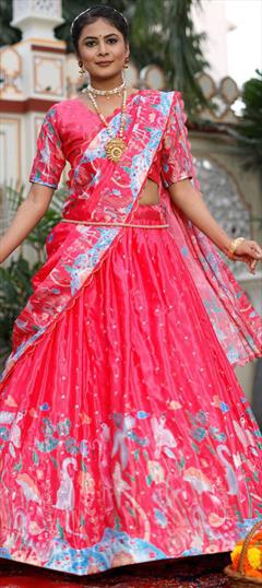 Festive, Mehendi Sangeet, Reception Pink and Majenta color Lehenga in Art Silk fabric with Flared Printed work : 1948470