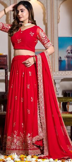 Festive, Party Wear, Reception Red and Maroon color Lehenga in Georgette fabric with Flared Embroidered, Thread work : 1948471