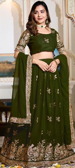 Festive, Party Wear, Reception Green color Lehenga in Georgette fabric with Flared Embroidered, Thread work : 1948472