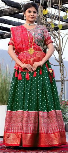 Engagement, Festive, Reception Green color Lehenga in Dolla Silk fabric with Flared Bandhej, Printed work : 1948476