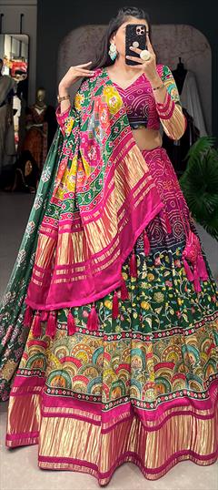 Engagement, Mehendi Sangeet, Wedding Multicolor color Lehenga in Silk fabric with Flared Digital Print work : 1948479