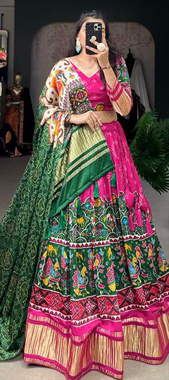 Engagement, Mehendi Sangeet, Wedding Multicolor color Lehenga in Silk fabric with Flared Digital Print work : 1948480