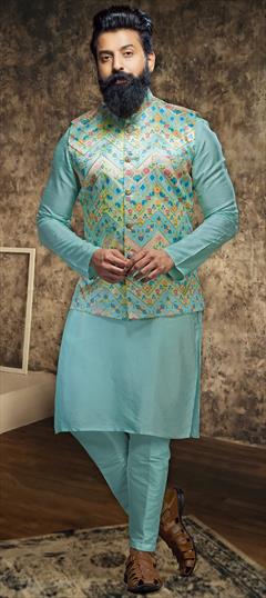 Wedding Blue color Kurta Pyjama with Jacket in Silk fabric with Embroidered, Printed, Thread work : 1948487