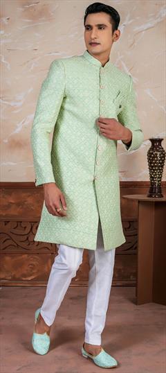 Reception Green color IndoWestern Dress in Jacquard fabric with Embroidered work : 1948532