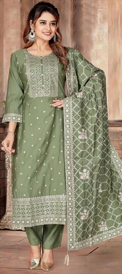 Engagement, Festive, Reception Green color Salwar Kameez in Silk fabric with Straight Embroidered, Sequence, Thread work : 1948533