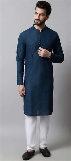 Party Wear Blue color Kurta Pyjamas in Cotton fabric with Embroidered work : 1948536