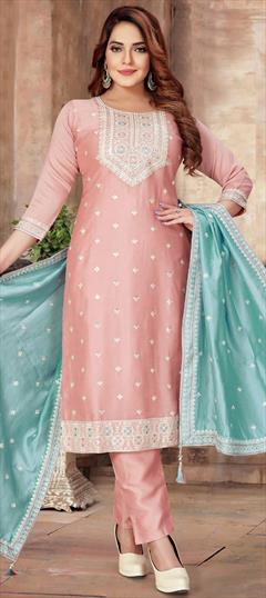 Engagement, Festive, Reception Pink and Majenta color Salwar Kameez in Silk fabric with Straight Embroidered, Sequence, Thread work : 1948537