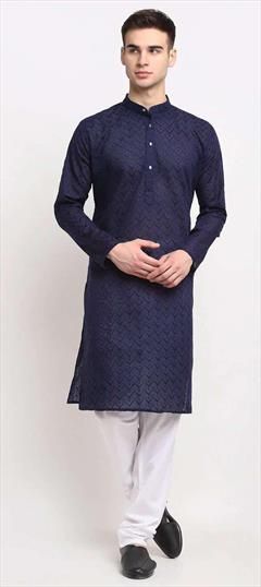 Party Wear Blue color Kurta Pyjamas in Blended Cotton fabric with Embroidered work : 1948540