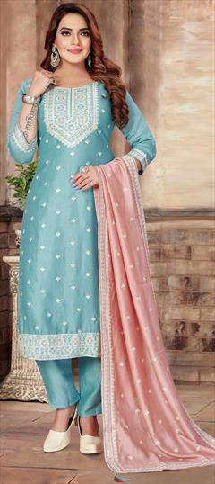 Engagement, Festive, Reception Blue color Salwar Kameez in Silk fabric with Straight Embroidered, Sequence, Thread work : 1948545