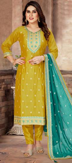 Engagement, Festive, Reception Yellow color Salwar Kameez in Silk fabric with Straight Embroidered, Sequence, Thread work : 1948552