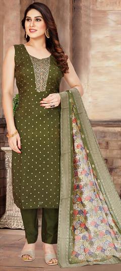 Engagement, Festive, Reception Green color Salwar Kameez in Silk fabric with Straight Embroidered, Sequence, Thread work : 1948553