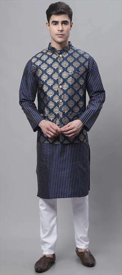 Party Wear Blue color Kurta Pyjama with Jacket in Blended fabric with Weaving work : 1948607