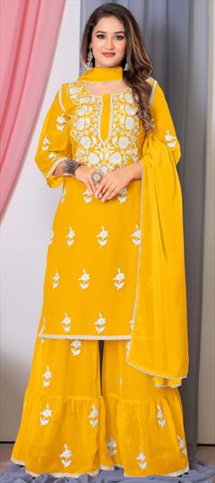 Festive, Mehendi Sangeet, Reception Yellow color Salwar Kameez in Georgette fabric with Sharara, Straight Embroidered, Resham, Thread work : 1948608