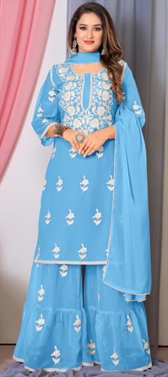 Festive, Mehendi Sangeet, Reception Blue color Salwar Kameez in Georgette fabric with Sharara, Straight Embroidered, Resham, Thread work : 1948609