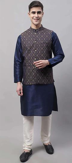 Party Wear Blue color Kurta Pyjama with Jacket in Blended fabric with Weaving work : 1948610
