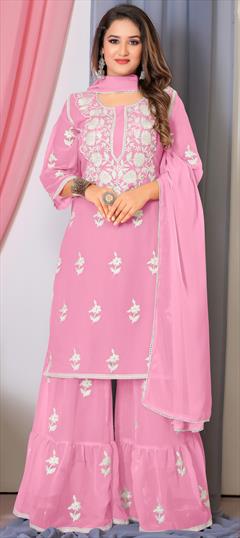 Festive, Mehendi Sangeet, Reception Pink and Majenta color Salwar Kameez in Georgette fabric with Sharara, Straight Embroidered, Resham, Thread work : 1948611