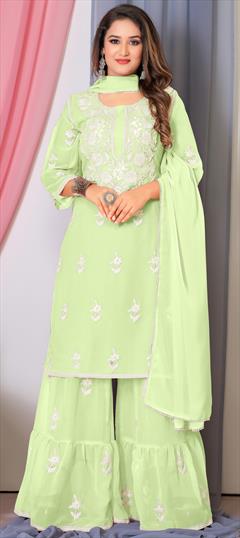 Festive, Mehendi Sangeet, Reception Green color Salwar Kameez in Georgette fabric with Sharara, Straight Embroidered, Resham, Thread work : 1948612